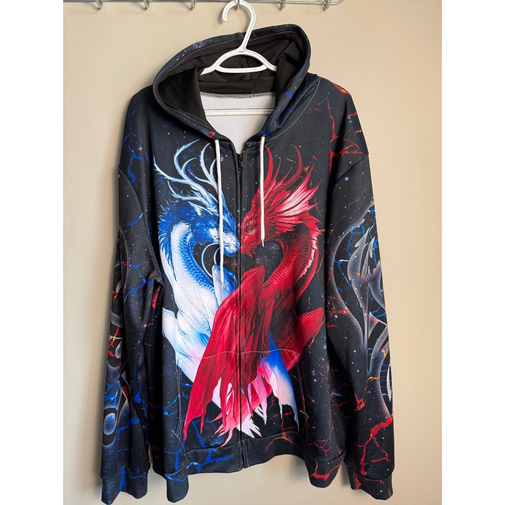 Mens Black Dragon Graphic Zip Up Hoodie 3XL Fantasy Streetwear Galaxy